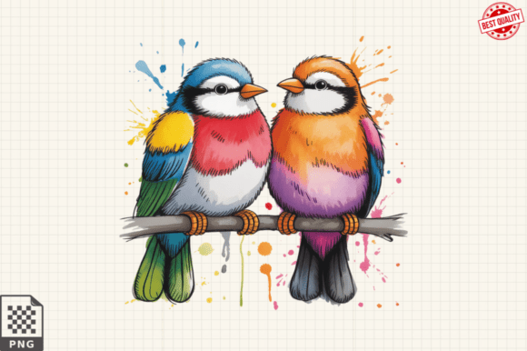 Quirky Birds on a Branch Clipart PNG